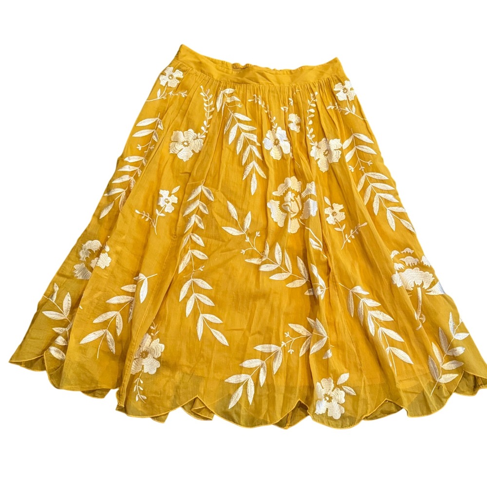 Maeve Anthropologie Mustard Yellow Floral Embroidered Scallop Midi Skirt Medium
